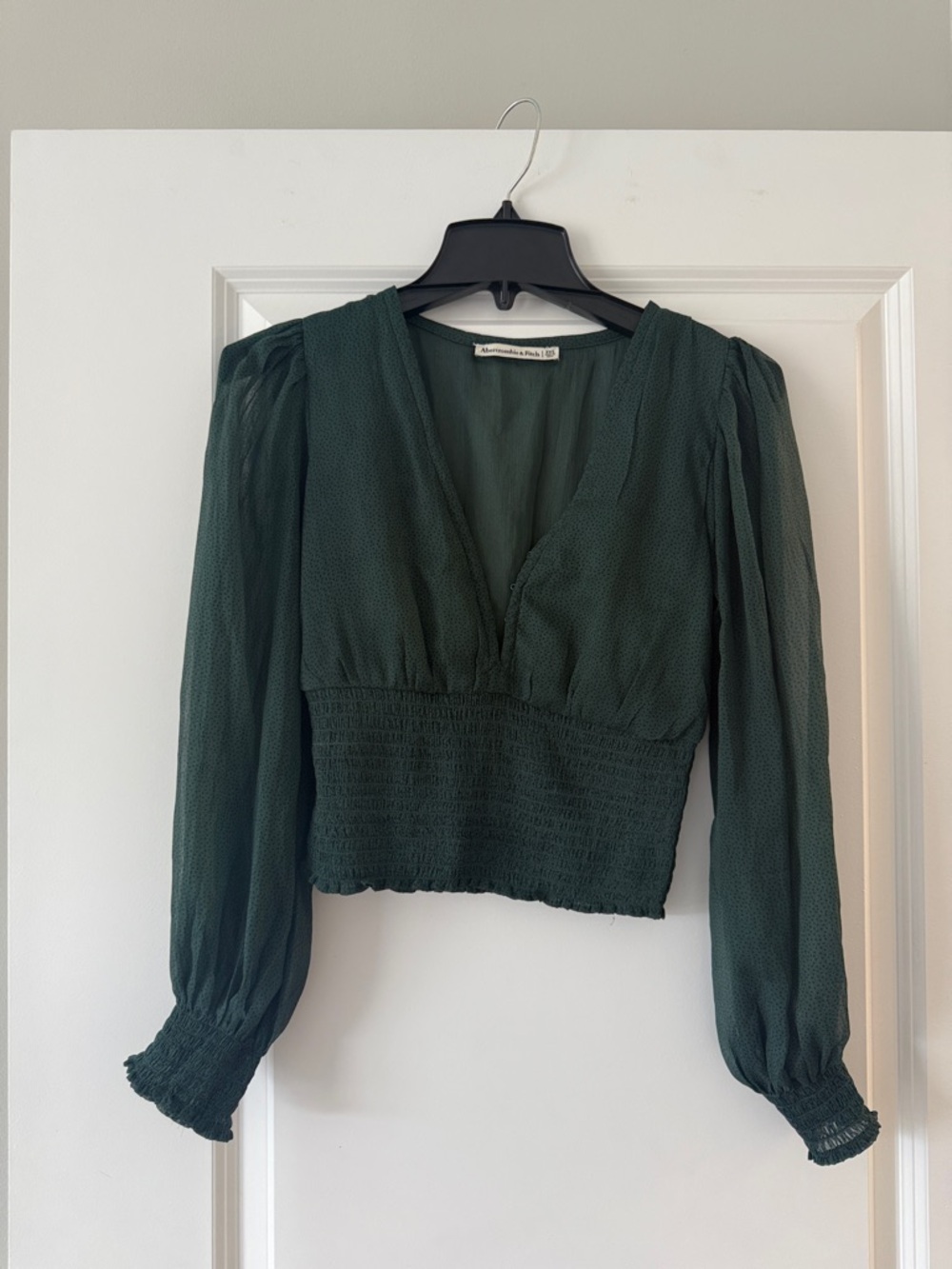 Abercrombie & Fitch Forest Green Smocked Waist V-Neck Blouse